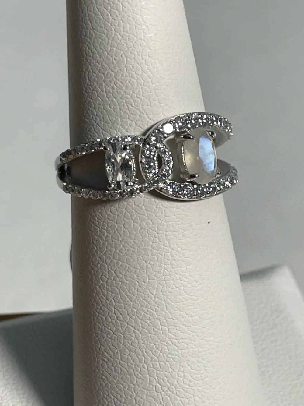 Bomb Party Sterling Ring Sz 6 Forever Linked .925 Sterling/Moonstone & CZ